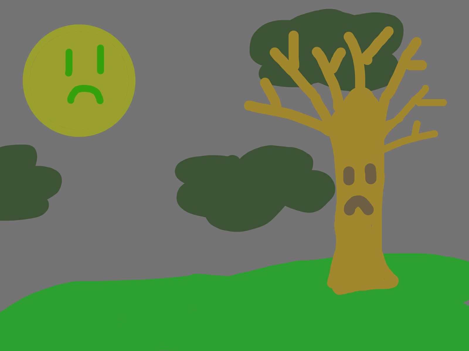 a picture of an unhappy polluted sun and tree on a hill with a gray sky with polluted clouds in the sky
