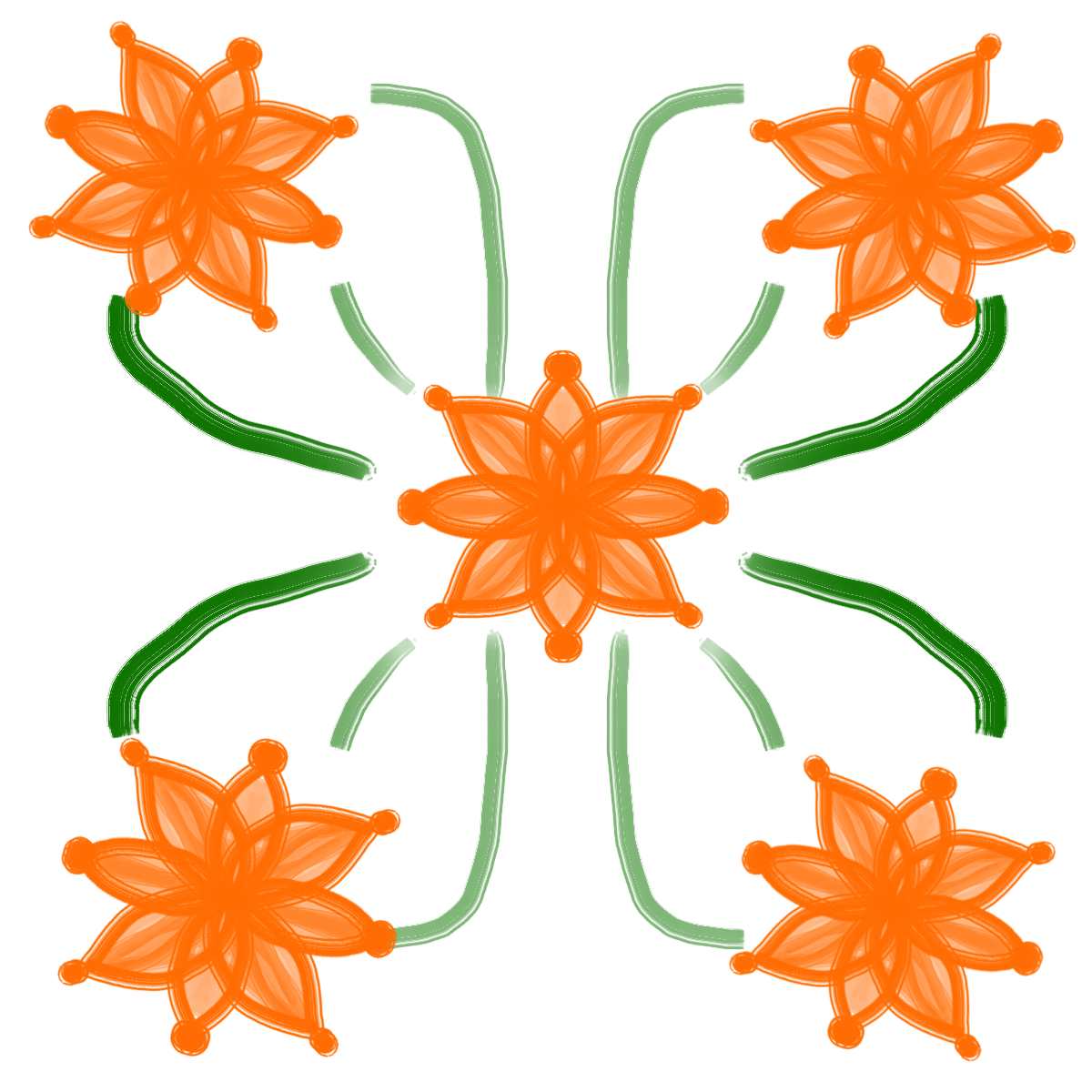 A drawn picture of orange flowers with green stems.