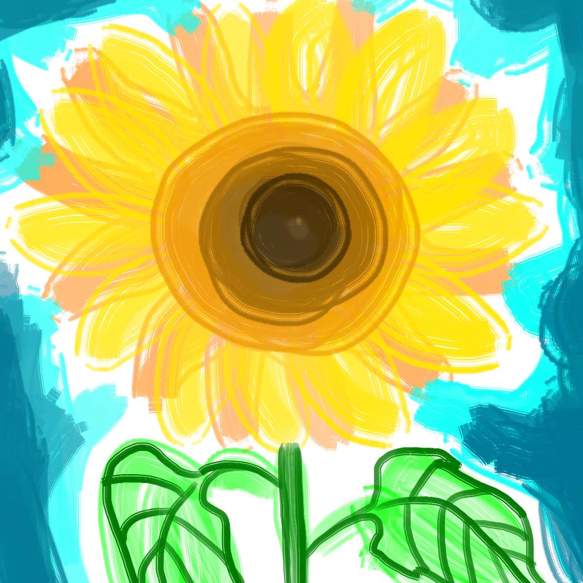 A drawn picture of a sunflower with a blue background.