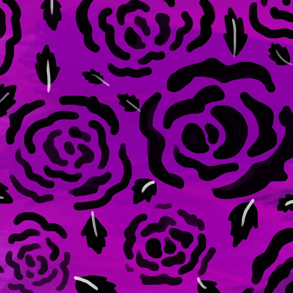 A drawn picture of artistic black roses with a purple background.