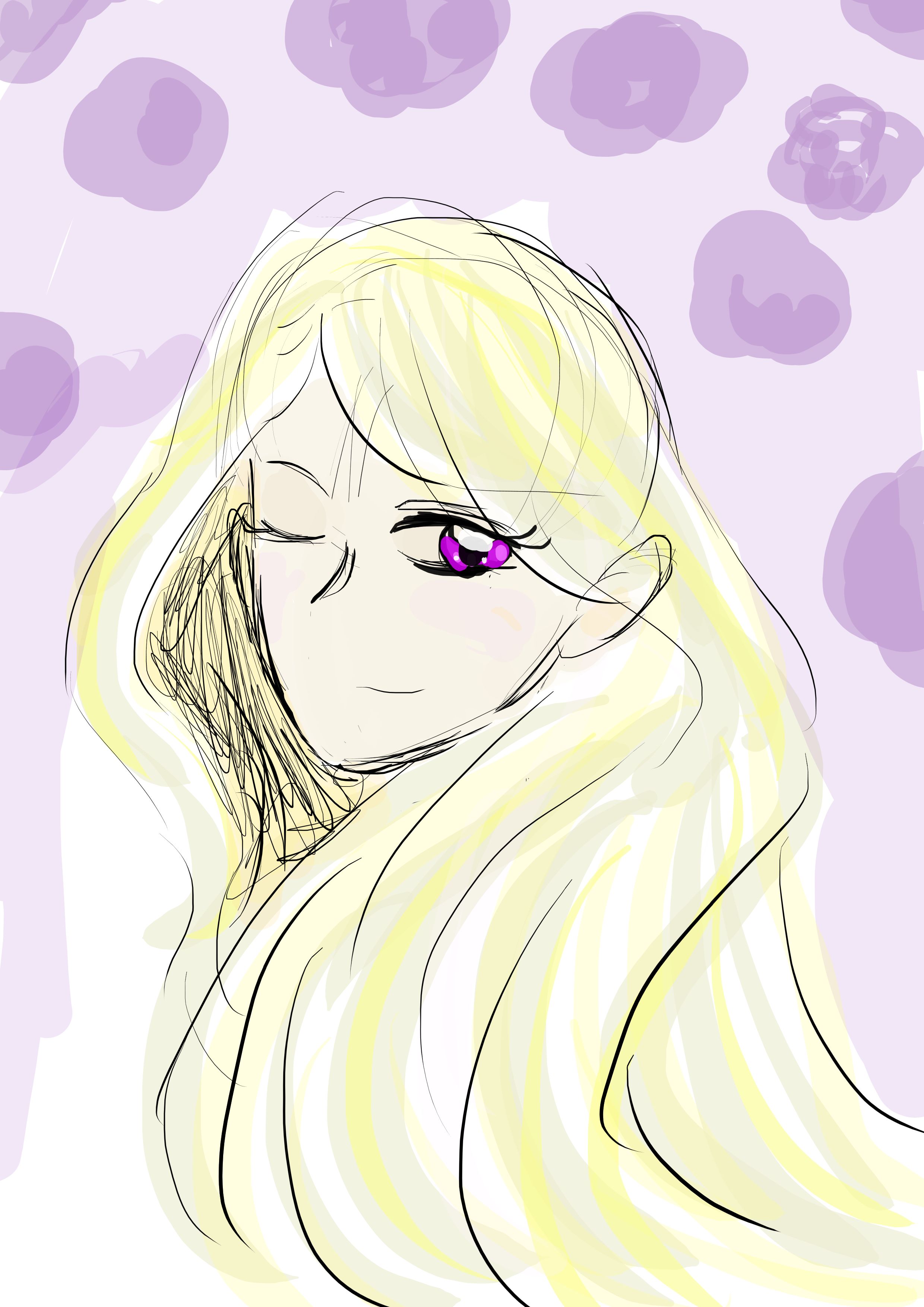 cartoon drawing of a women with blond hair who is smiling at the camera. She also has a purple floral background.